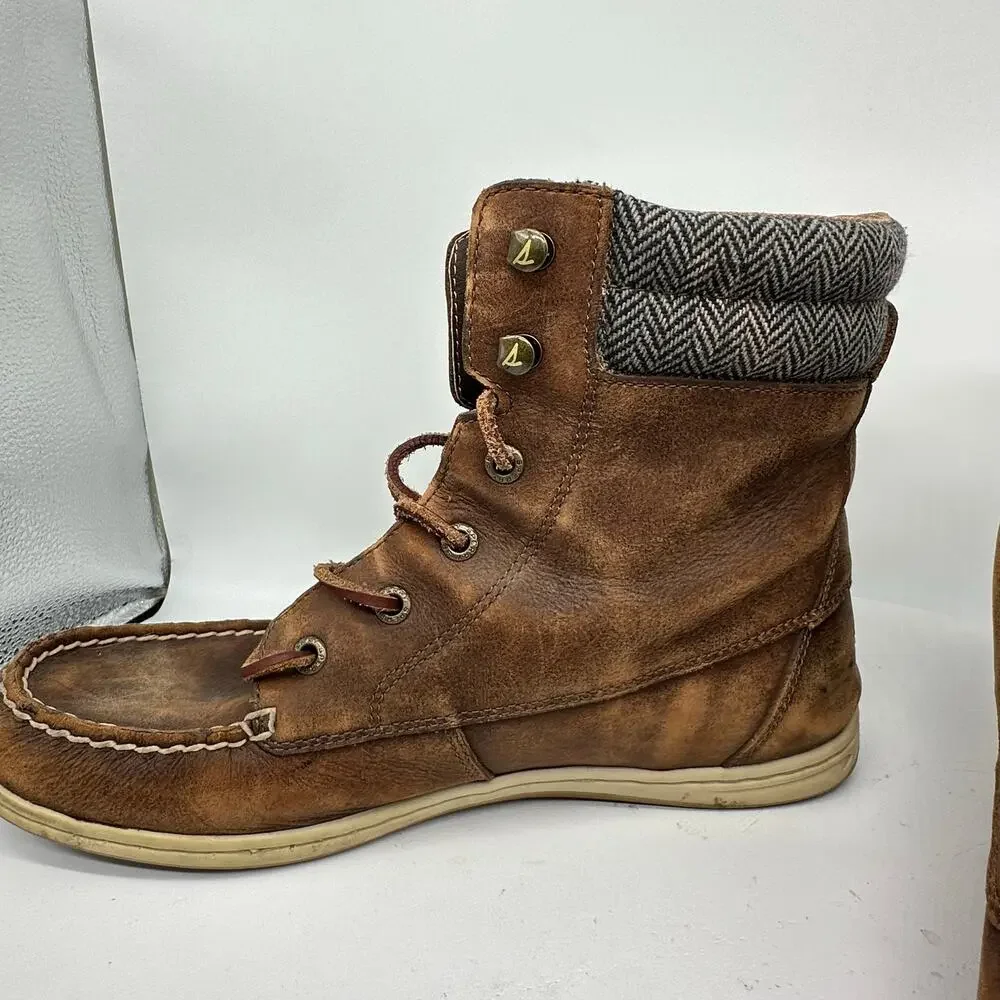 Sperry Bayfish Brown Leather Lace Up High Top Herringbone Collar Womens 10